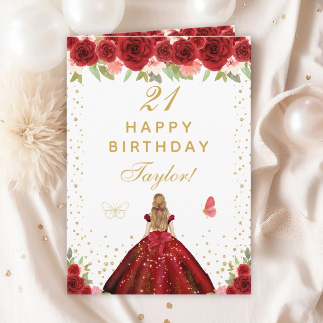 Red Floral Blonde Hair Girl Happy Birthday Card (Creator Uploaded)