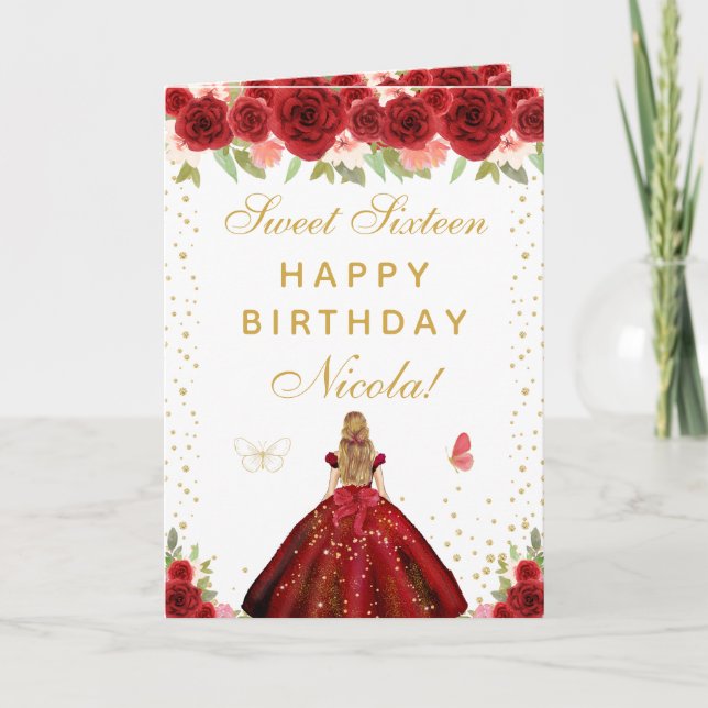 Red Floral Blonde Hair Girl Sweet Sixteen Card (Front)