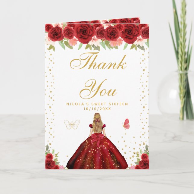 Red Floral Blonde Hair Girl Sweet Sixteen Thank You Card (Front)