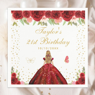 Red Floral Blonde Hair Princess Birthday Party Napkin