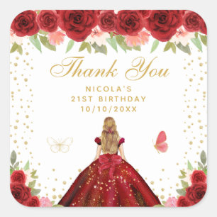 Red Floral Blonde Hair Princess Birthday Party Square Sticker