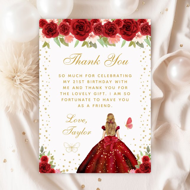 Red Floral Blonde Hair Princess Birthday Party Thank You Card (Creator Uploaded)
