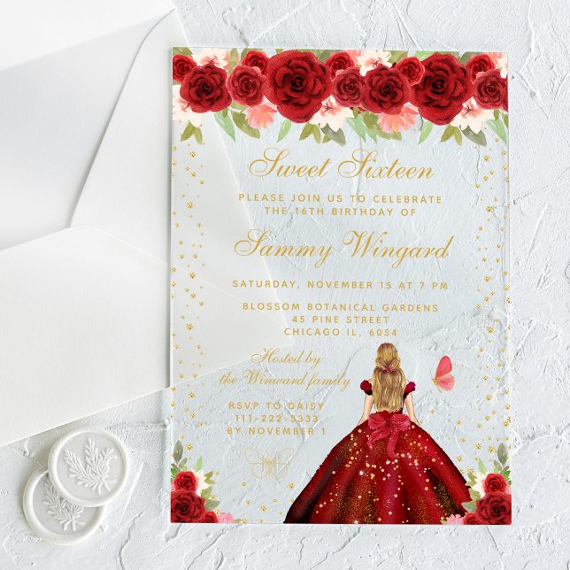 Red Floral Blonde Hair Princess Sweet Sixteen Acrylic Invitations (Creator Uploaded)