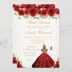 Red Floral Blonde Hair Princess Sweet Sixteen Invitation