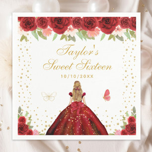 Red Floral Blonde Hair Princess Sweet Sixteen Napkin