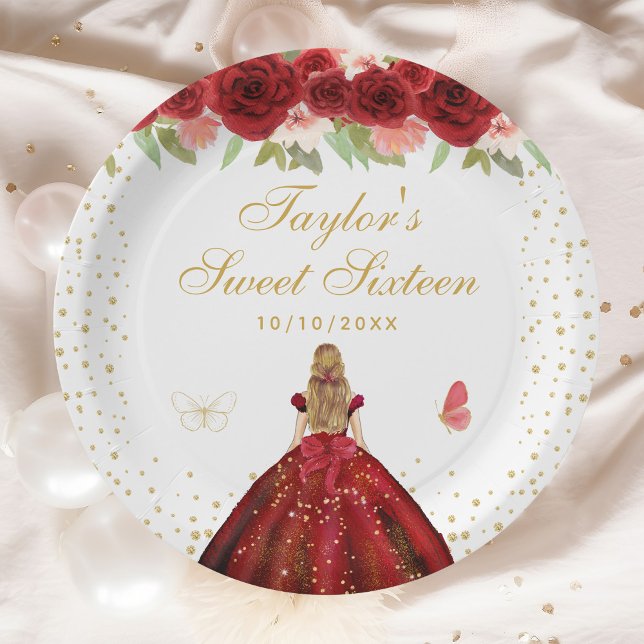 Red Floral Blonde Hair Princess Sweet Sixteen Paper Plate (Creator Uploaded)