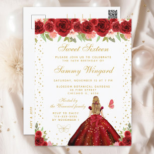 Red Floral Blonde Hair Princess Sweet Sixteen Postcard