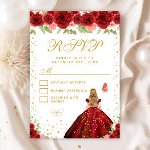 Red Floral Blonde Hair Princess Sweet Sixteen RSVP Card