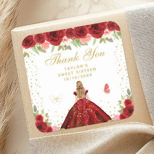 Red Floral Blonde Hair Princess Sweet Sixteen Square Sticker
