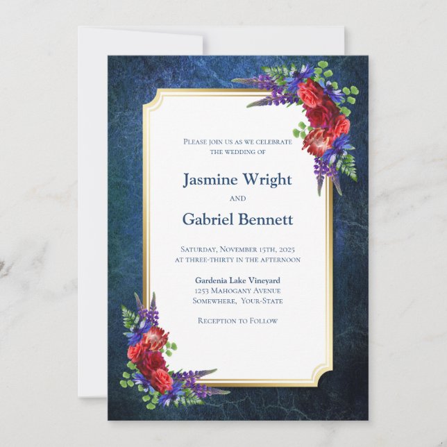 Red Floral Blue Wedding Invitation (Front)