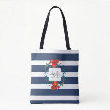 Red Floral Blue & White Stripes Monogram
