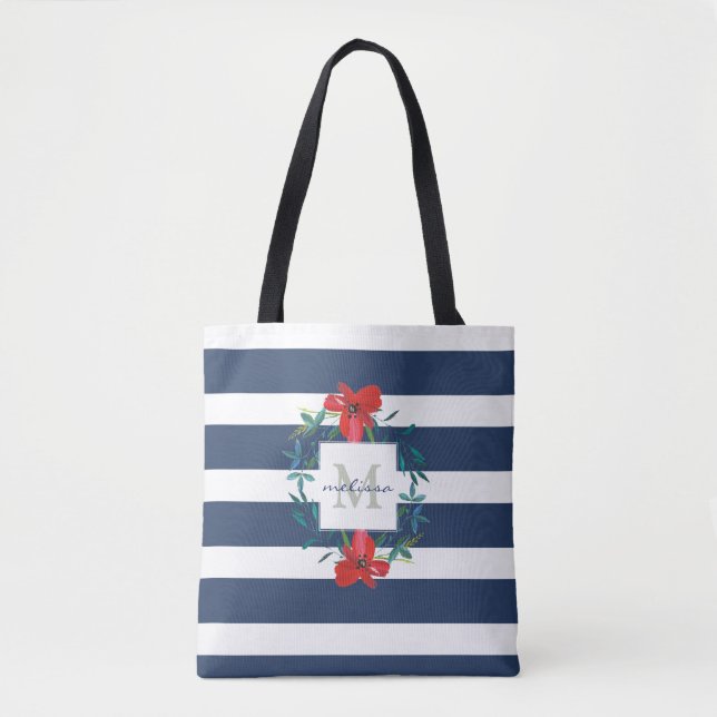 Red Floral Blue & White Stripes Monogram Tote Bag (Front)