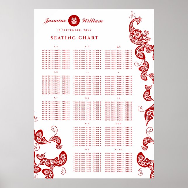 Red Floral Boho Chic Peacock Wedding Seating Chart (Front)