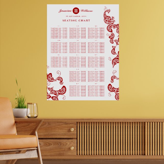 Red Floral Boho Peacock 囍 Wedding Seating Chart (Living Room 2)