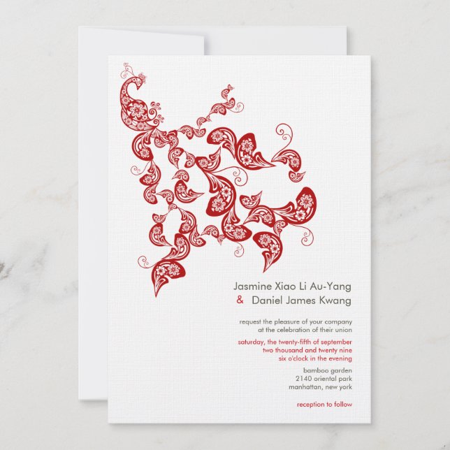 Red Floral Boho Peacock Eastern Chic Asian Wedding Invitation (Front)