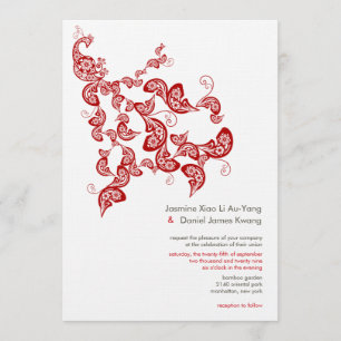 Red Floral Boho Peacock Eastern Chic Asian Wedding Invitation