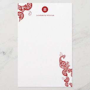 Red Floral Boho Peacock Eastern Chic Asian Wedding Stationery