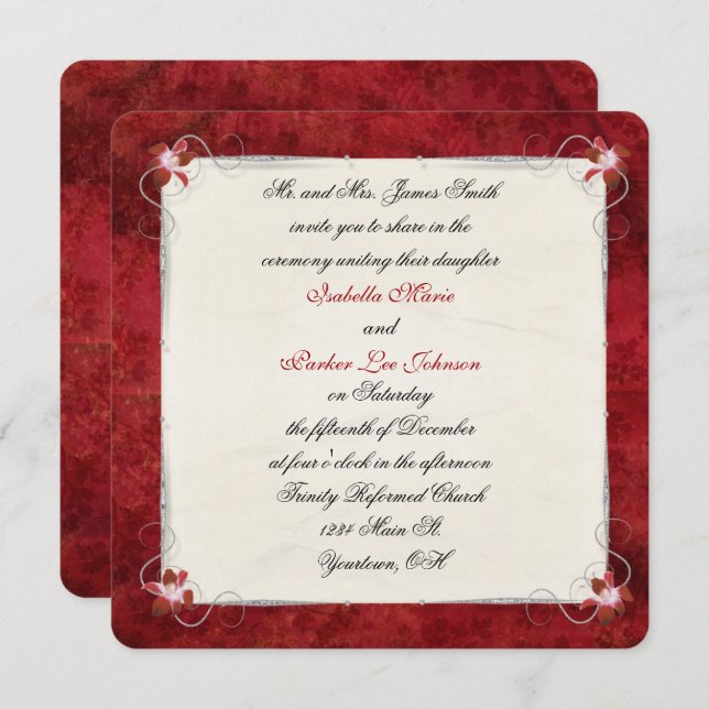 Red Floral Border Wedding Invitation (Front/Back)