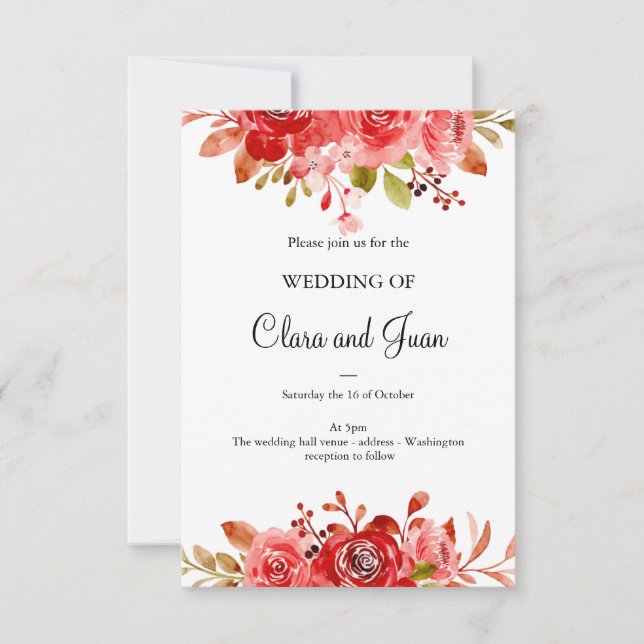 Red floral, botanical flower invitation (Front)