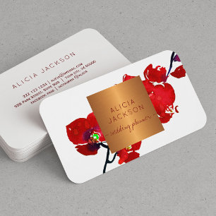 Red floral branch glam copper chic wedding planner business card