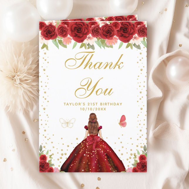 Red Floral Brown Hair Girl Birthday Party Thank You Card (Creator Uploaded)