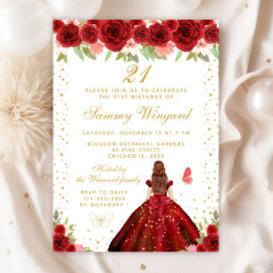Red Floral Brown Hair Princess Birthday Party Invitation
