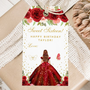 Red Floral Brown Hair Princess Sweet Sixteen Gift Tags