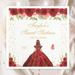 Red Floral Brown Hair Princess Sweet Sixteen Napkin