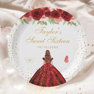 Red Floral Brown Hair Princess Sweet Sixteen Paper Plate