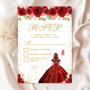 Red Floral Brown Hair Princess Sweet Sixteen RSVP Card