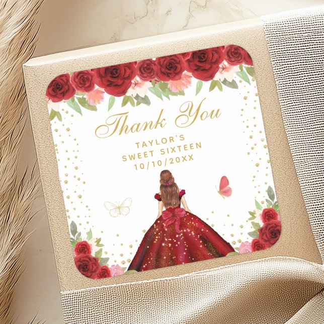 Red Floral Brown Hair Princess Sweet Sixteen Square Sticker (Creator Uploaded)