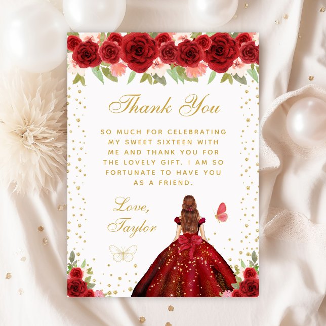 Red Floral Brown Hair Princess Sweet Sixteen Thank You Card (Creator Uploaded)
