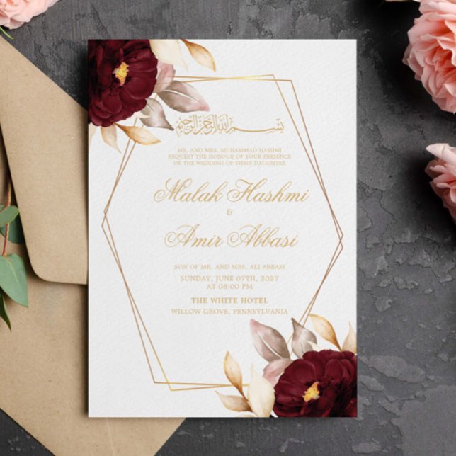 Red Floral Brown Leaves Muslim Wedding Invitation (Creator Uploaded)