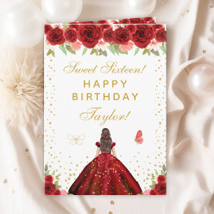 Red Floral Brunette Hair Girl Sweet Sixteen Card