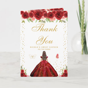 Red Floral Brunette Hair Girl Sweet Sixteen Thank You Card