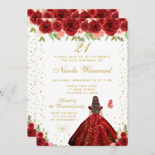 Red Floral Brunette Hair Princess Birthday Party Invitation