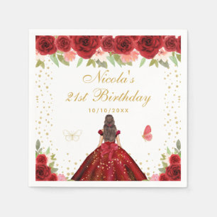 Red Floral Brunette Hair Princess birthday party Napkin