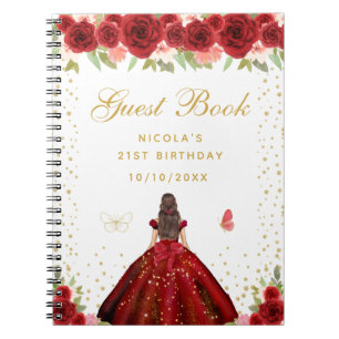 Red Floral Brunette Hair Princess Birthday Party Notebook