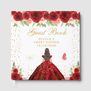 Red Floral Brunette Hair Princess Sweet Sixteen Guest Book