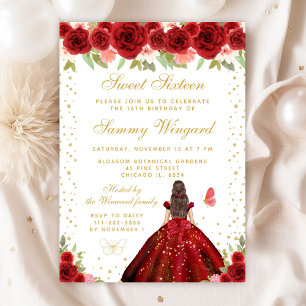 Red Floral Brunette Hair Princess Sweet Sixteen Invitation