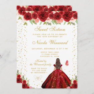 Red Floral Brunette Hair Princess Sweet Sixteen Invitation