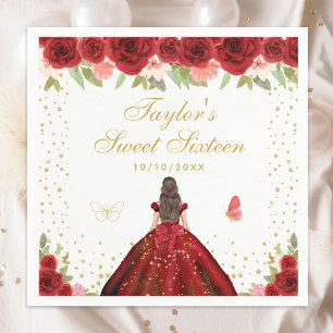 Red Floral Brunette Hair Princess Sweet Sixteen Napkin