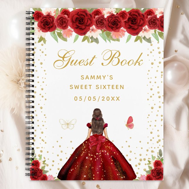 Red Floral Brunette Hair Princess Sweet Sixteen Notebook (Creator Uploaded)