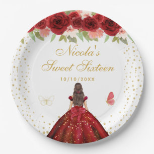 Red Floral Brunette Hair Princess Sweet Sixteen Paper Plate