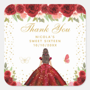 Red Floral Brunette Hair Princess Sweet Sixteen Square Sticker