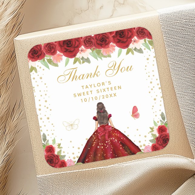 Red Floral Brunette Hair Princess Sweet Sixteen Square Sticker (Creator Uploaded)