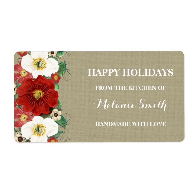 Red Floral Burlap Christmas Baking Labels (Front)