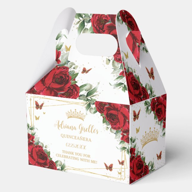 Red Floral Butterflies Birthday Quinceañera 16 15 Favour Box (Front)