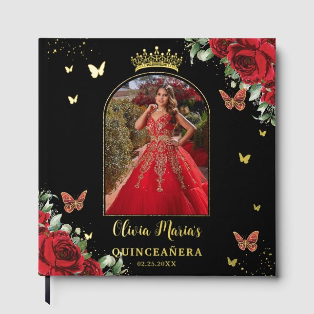 Red Floral Butterflies Black Quinceañera Picture Guest Book (Front)