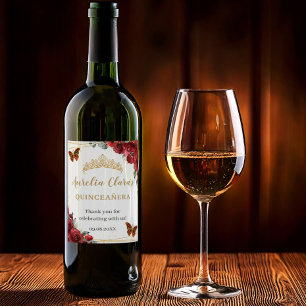Red Floral Butterflies Gold Quinceañera Birthday Wine Label